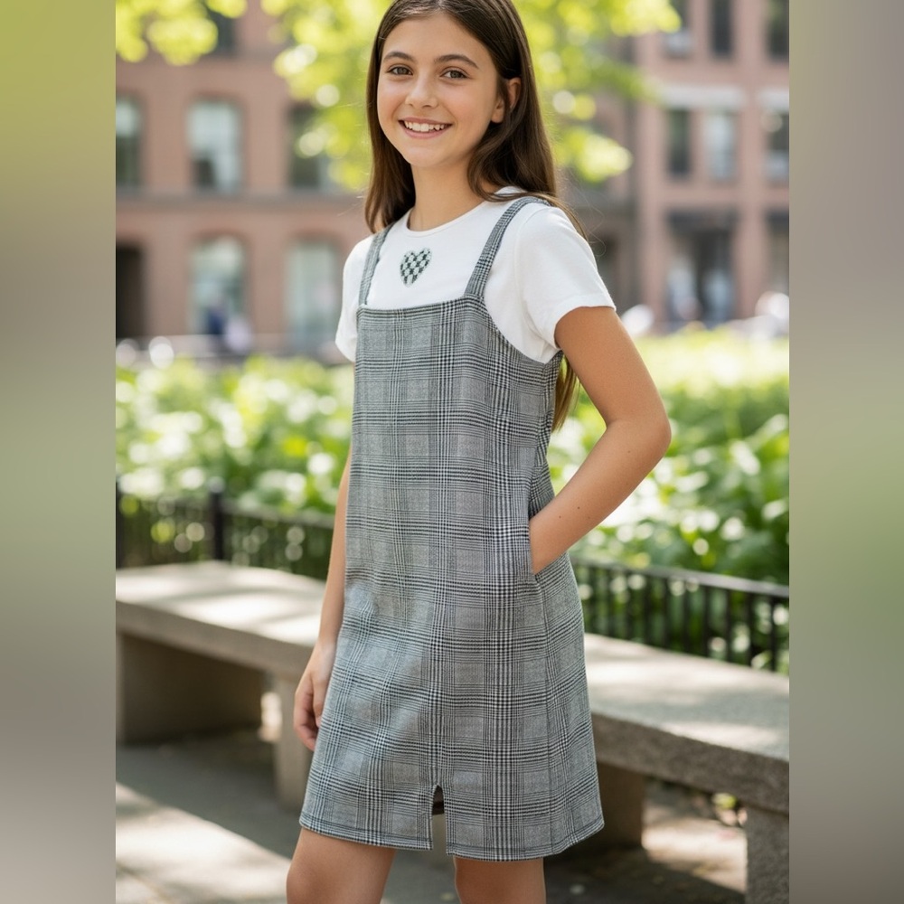 Girls black and white plaid dress and shirt set